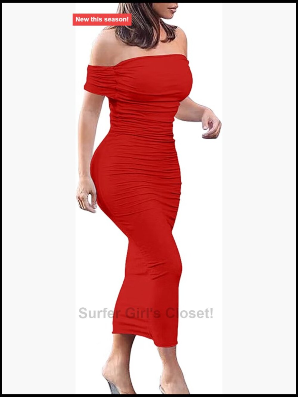 Off Shoulder Bodycon Midi Dress Ruched Short Sleeve Stretchy Party